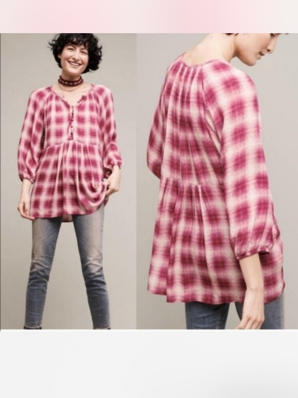 Anthropologie Maeve Burgundy Plaid Button Front Tunic Top Medium